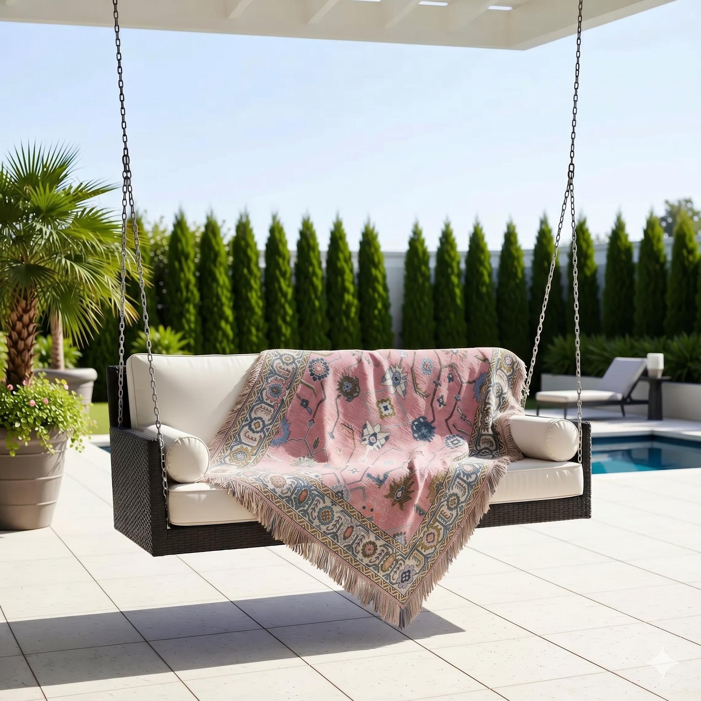 Anatolian Inspired outdoor woven throw blanket with rug-style pattern for patio styling