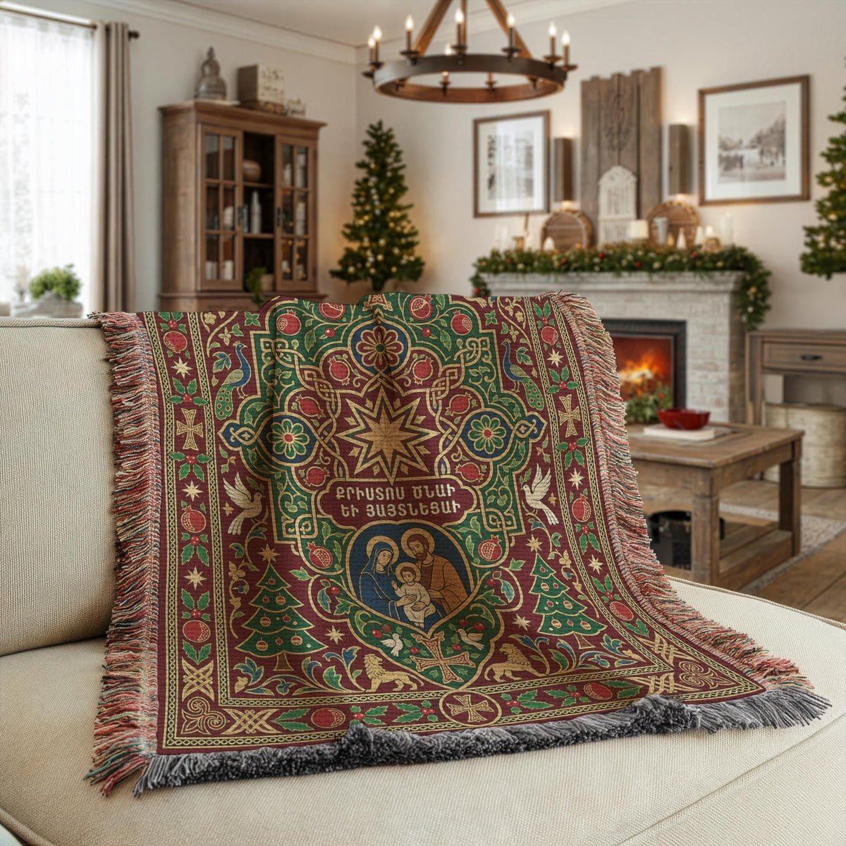 Armenian Nativity throw blanket draped over a sofa in a living room with a fireplace and Christmas tree