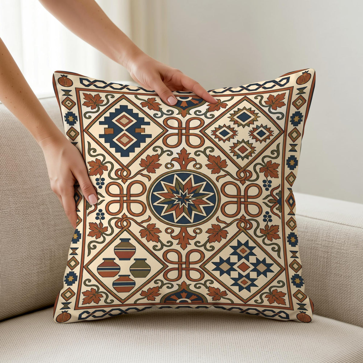 Kilim-style pillow held in both hands, showing the woven geometric diamonds and medallions