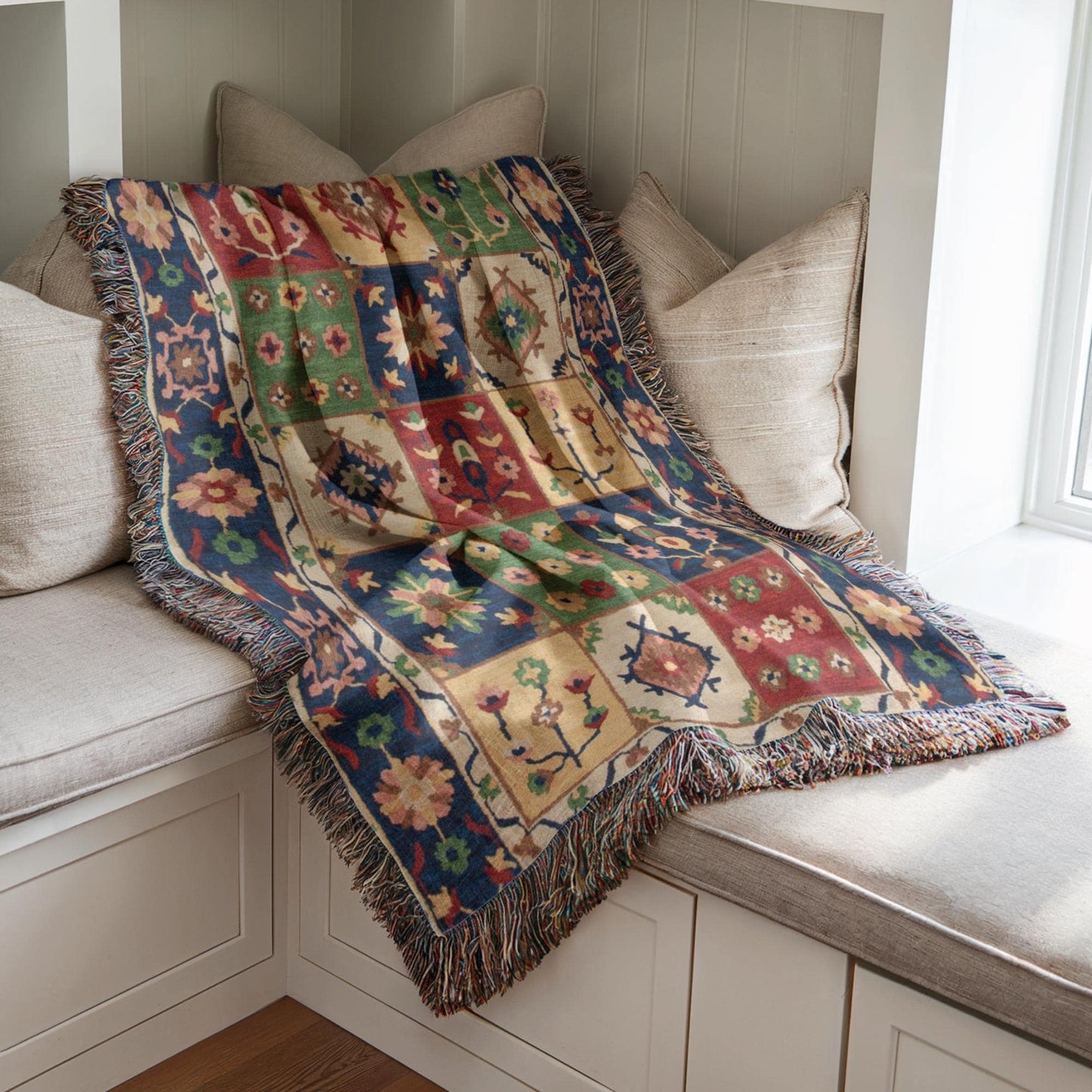 Anatolian Inspired woven blanket with floral pattern styled for layered home decor