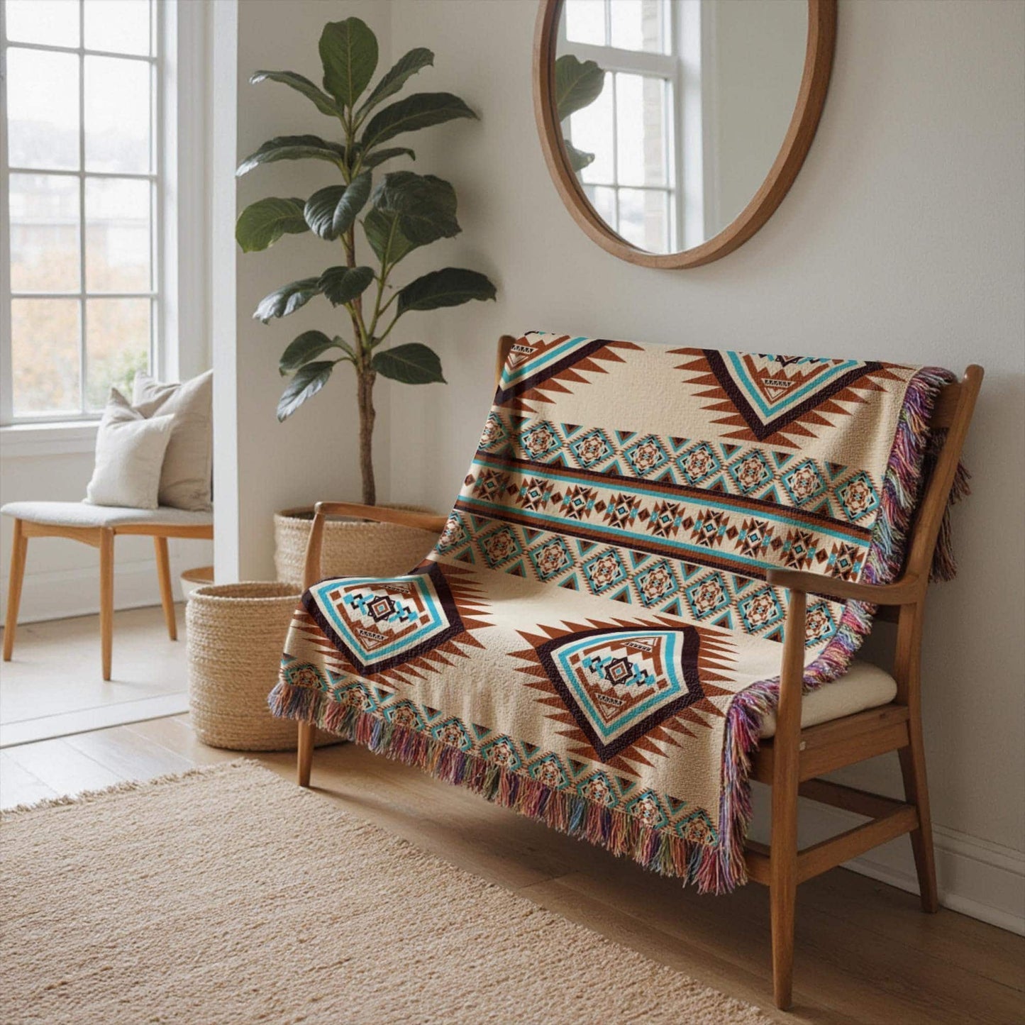 Southwestern woven blanket with geometric pattern styled for layered home decor