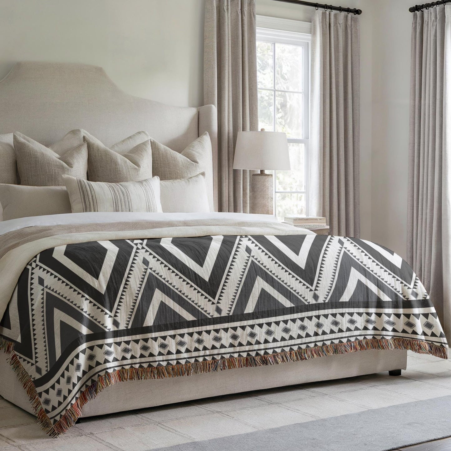 Southwestern woven blanket with geometric pattern styled for layered home decor