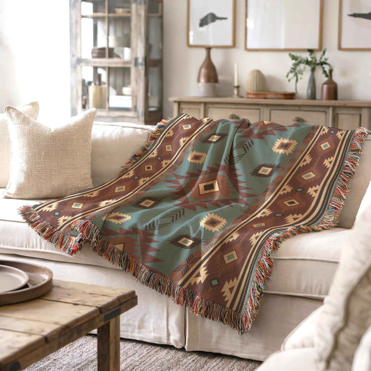 Southwestern woven blanket with geometric pattern styled for layered home decor