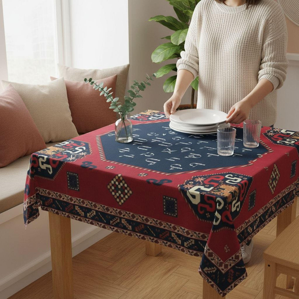 Armenian letters square tablecloth in navy and red being laid on a dining table with plates and glasses
