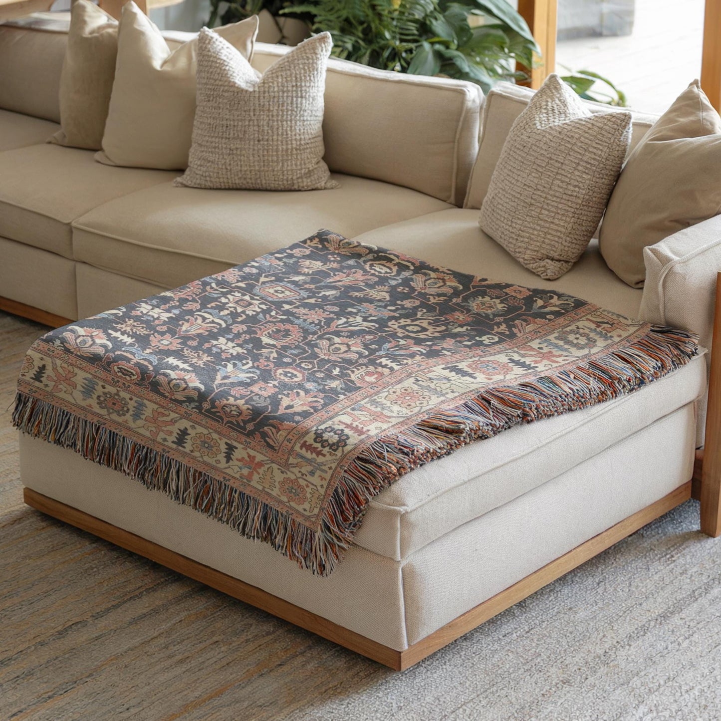 Anatolian Inspired woven blanket with geometric pattern styled for layered home decor