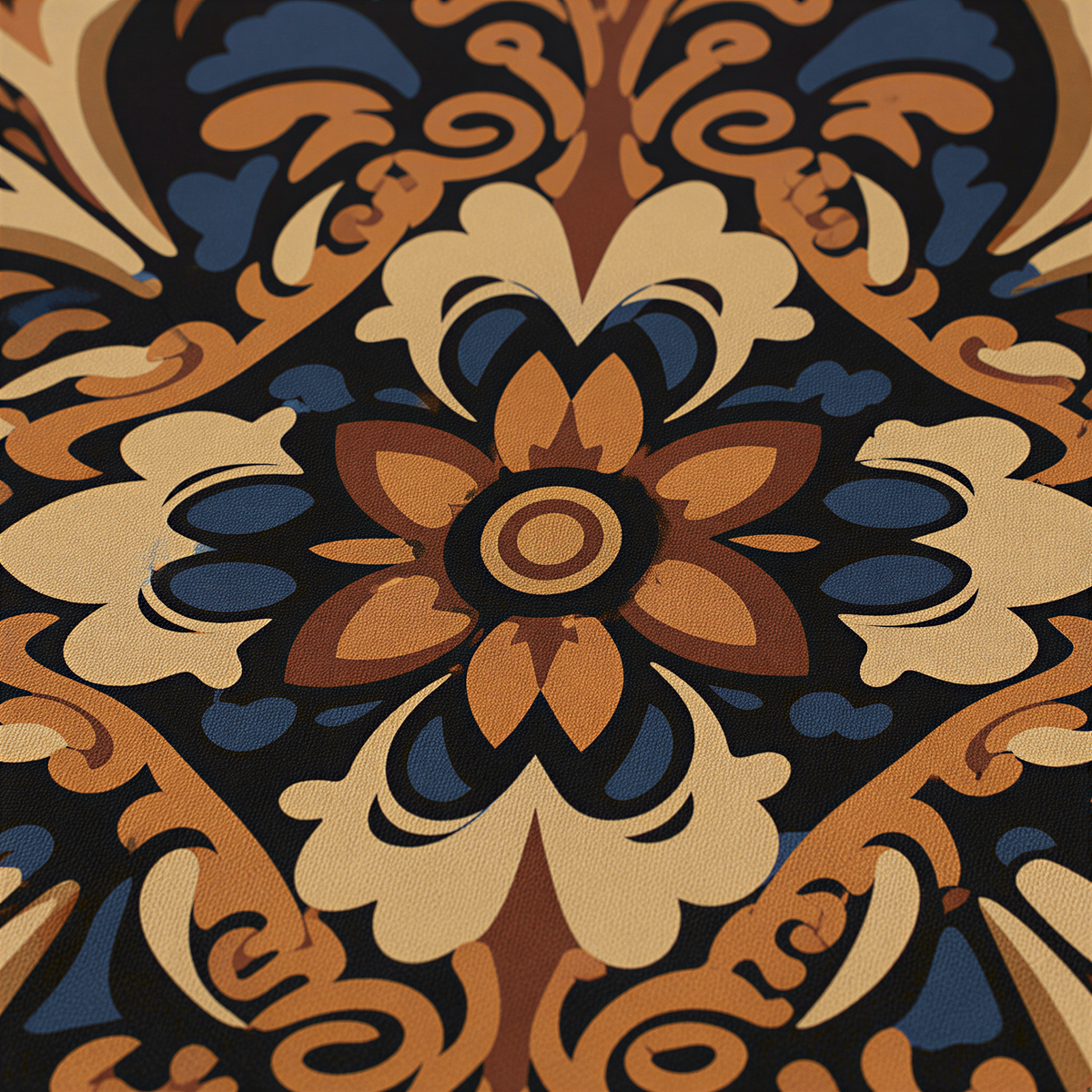 Close view of the sand and tan scrollwork rosette on the deep black ground