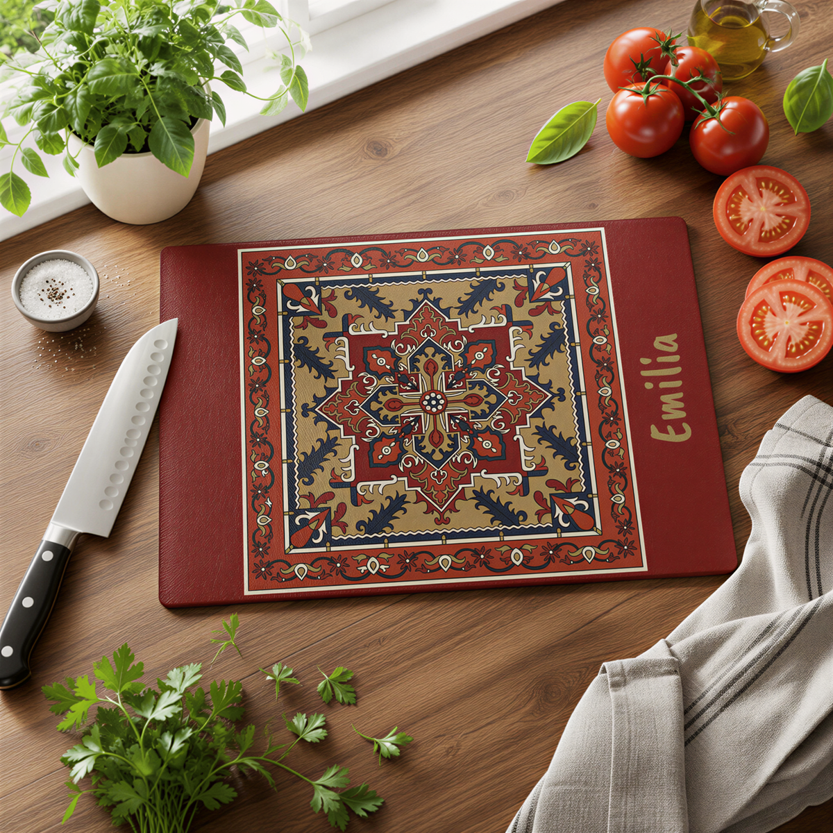 Personalized Armenian rug glass cutting board with a name in gold script, on wood with a knife and tomatoes