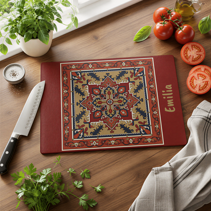 Personalized Armenian rug glass cutting board with a name in gold script, on wood with a knife and tomatoes
