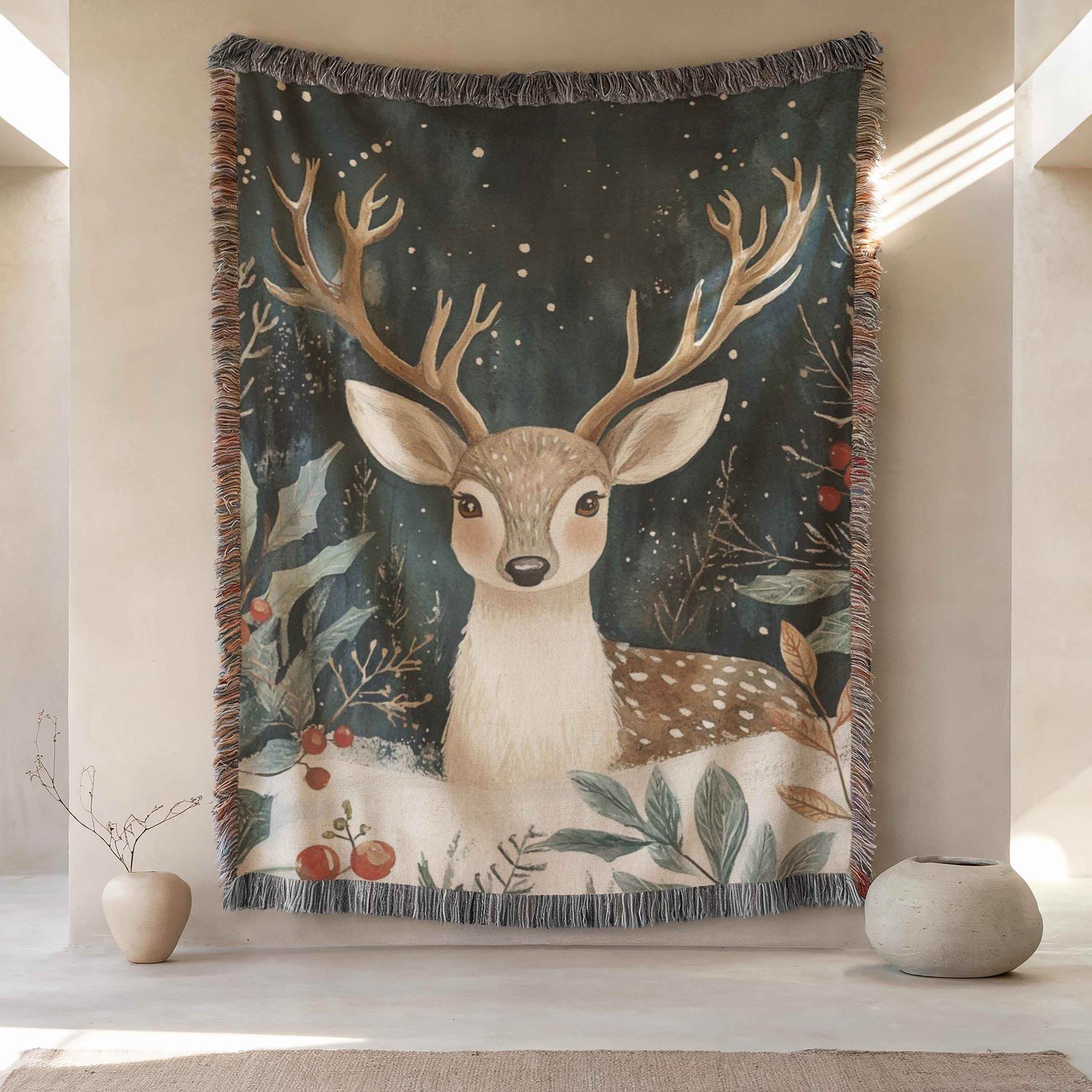 Christmas Tapestry Wall Hanging – Festive Woodland Animal Textile Art with Bambi and Holly - timelessbohochic.com
