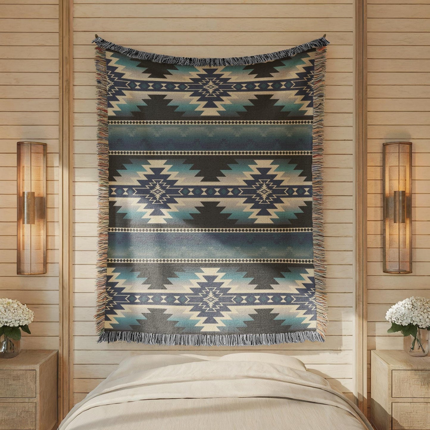 Southwestern woven blanket with geometric pattern styled for layered home decor