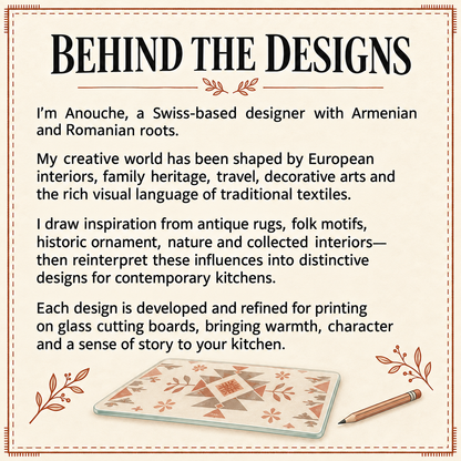 Behind the designs card: a note from Anouche, the designer, on her Armenian and Romanian roots