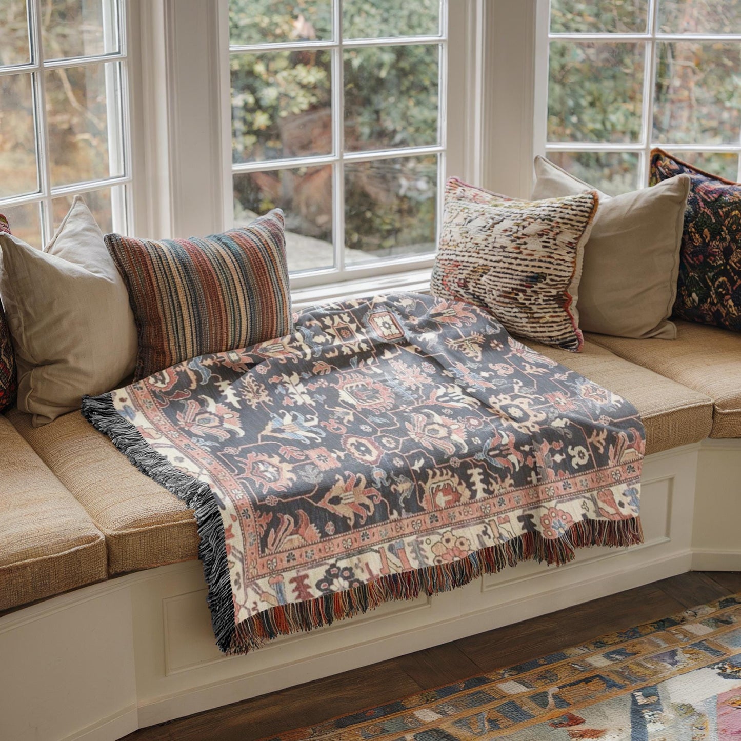 Anatolian Inspired woven blanket with geometric pattern styled for layered home decor