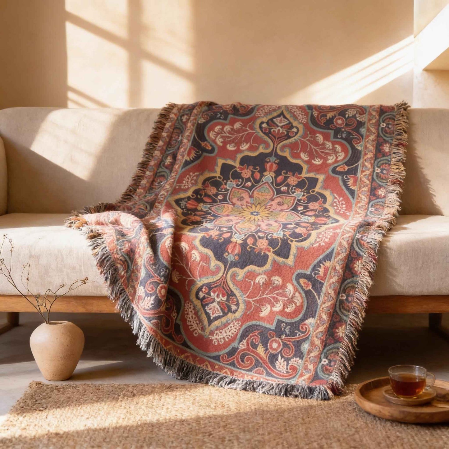 Caucasian Rug Inspired woven blanket with geometric pattern styled for layered home decor