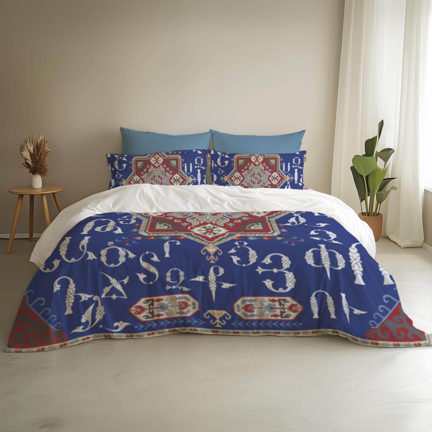 Armenian Alphabet Duvet - Personalized Ethnic Bedding Set with Haykakan Pattern & Custom Pillowcases - timelessbohochic.com