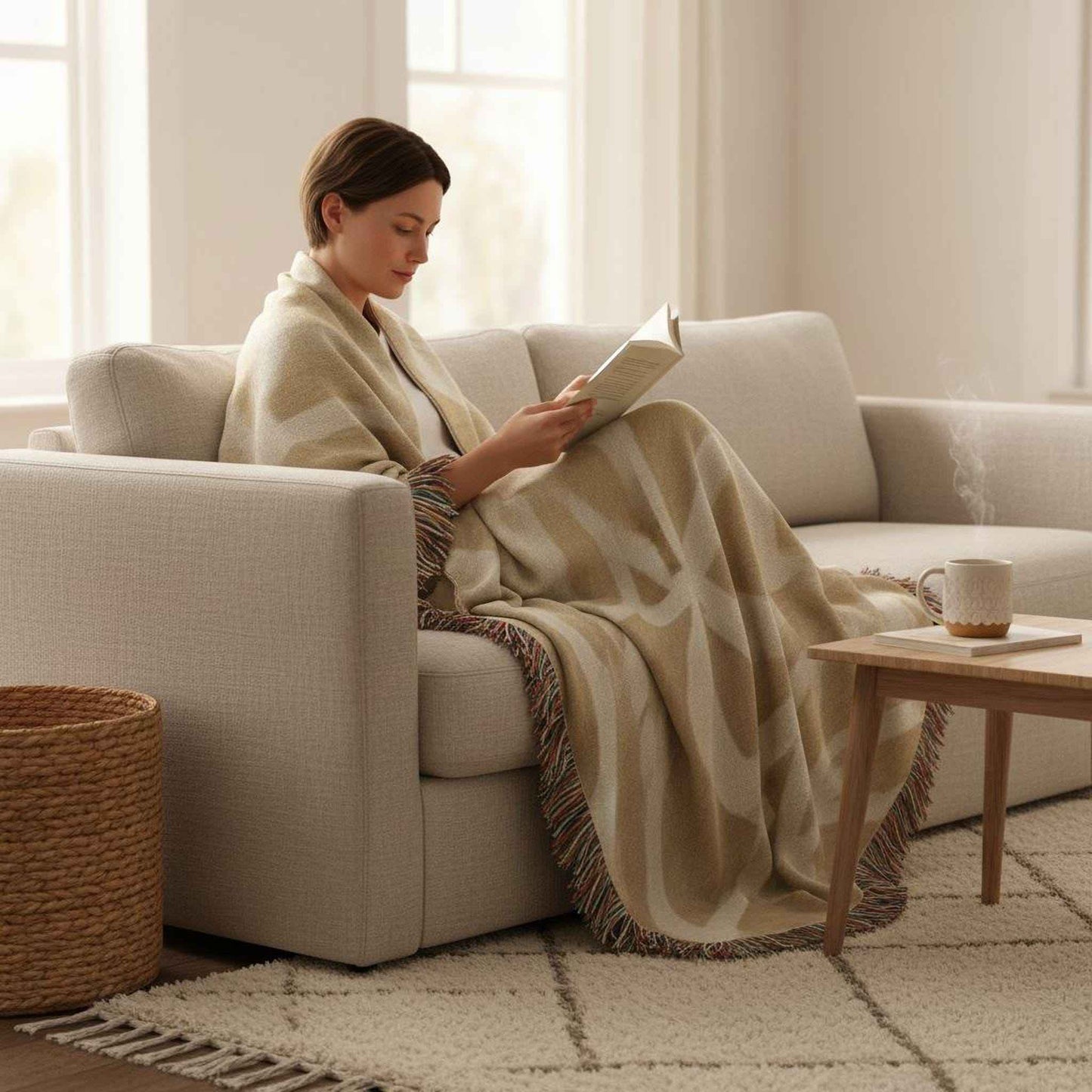 Modern Geometric woven blanket with geometric pattern styled for layered home decor
