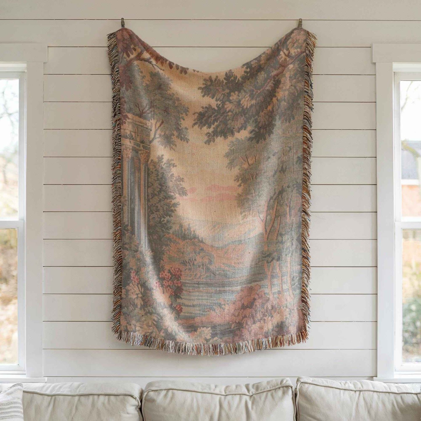 Modern Geometric woven blanket with geometric pattern styled for layered home decor