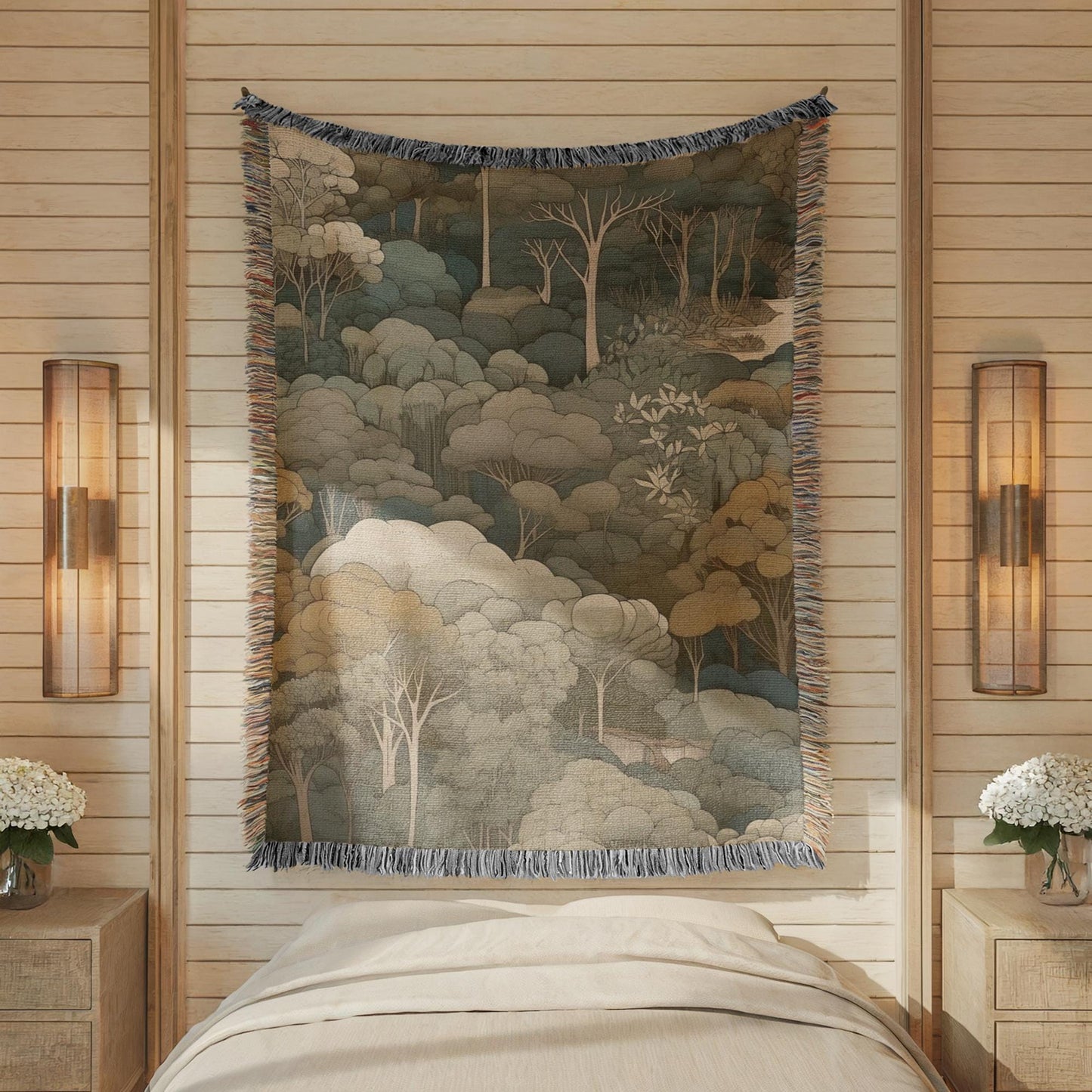 Scandinavian Inspired woven wall tapestry with woven pattern styled as textile wall decor