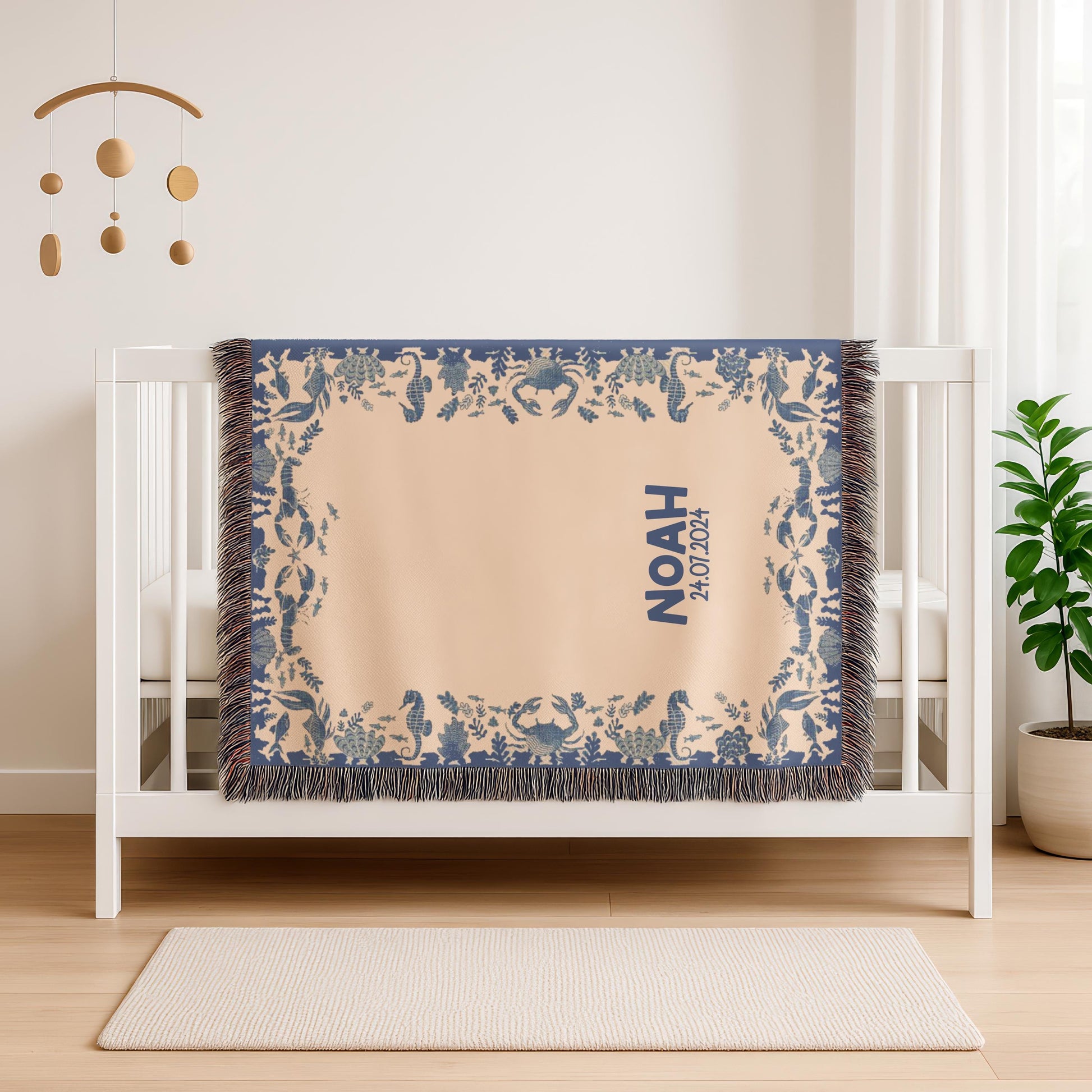 Personalized Baby Blanket - Ocean Theme Woven Throw with Name & Date, Custom Cotton