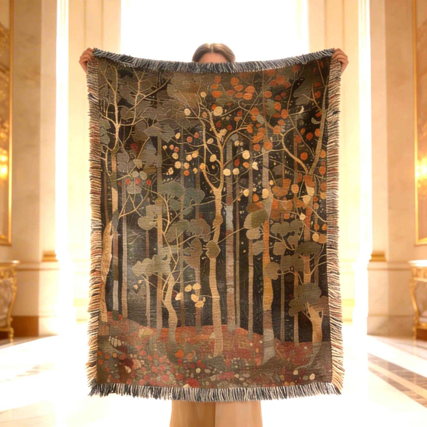 Scandinavian Inspired woven blanket with rug-style pattern styled for layered home decor