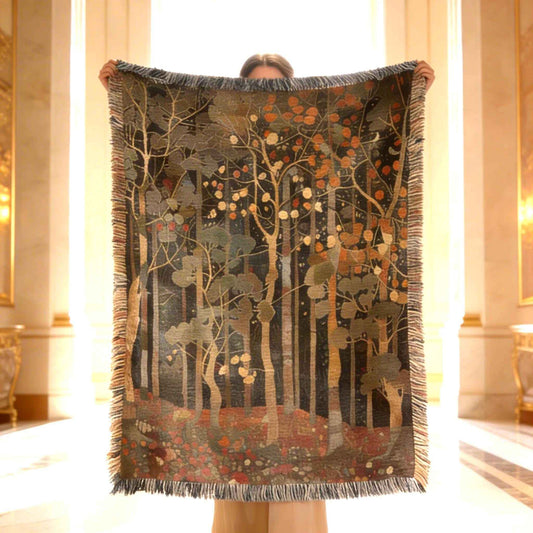 Scandinavian Inspired woven blanket with rug-style pattern styled for layered home decor