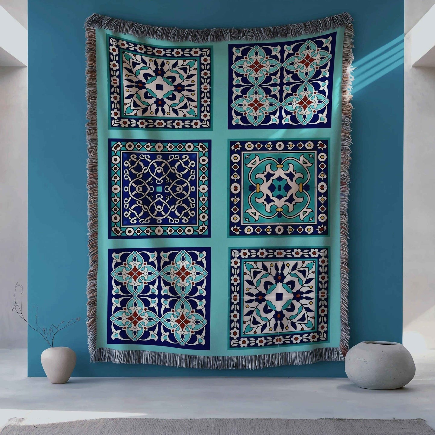 Anatolian Inspired woven wall tapestry with geometric pattern styled as textile wall decor