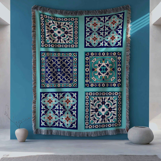 Anatolian Inspired woven wall tapestry with geometric pattern styled as textile wall decor