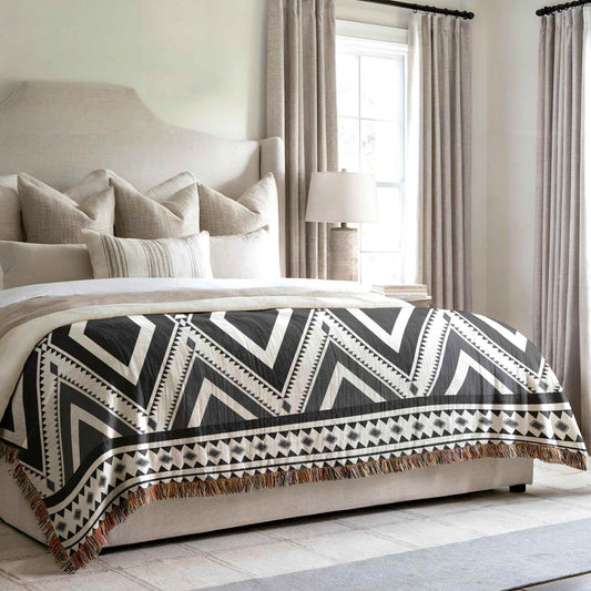 Southwestern Throw Blanket - Boho Cotton Throw with Tribal Pattern and Fringed Edges - timelessbohochic.com