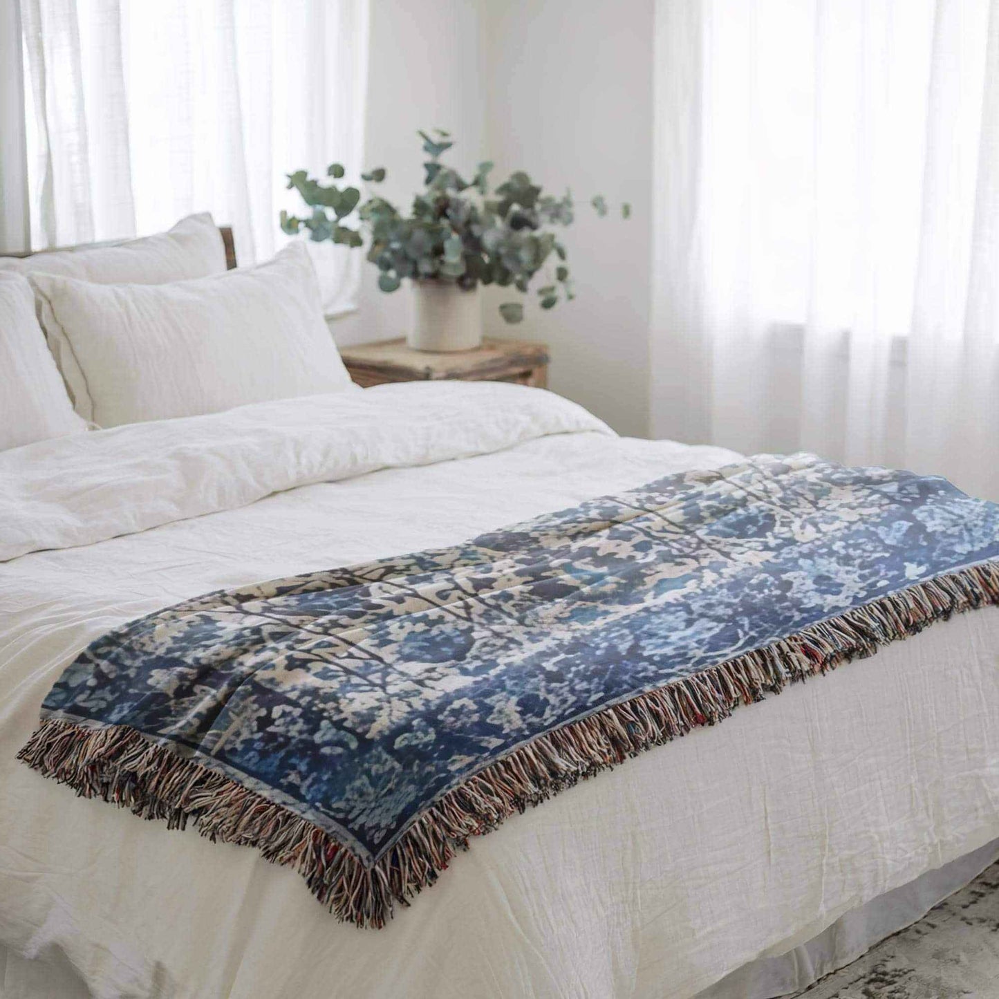 Caucasian Rug Inspired woven blanket with geometric pattern styled for layered home decor