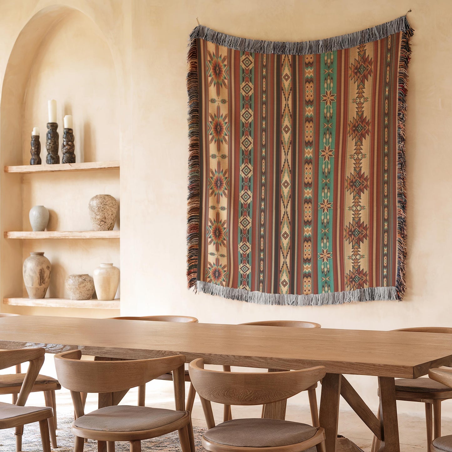 Native American Blanket – Navajo Pattern Throw With Colorful Fringed Edges