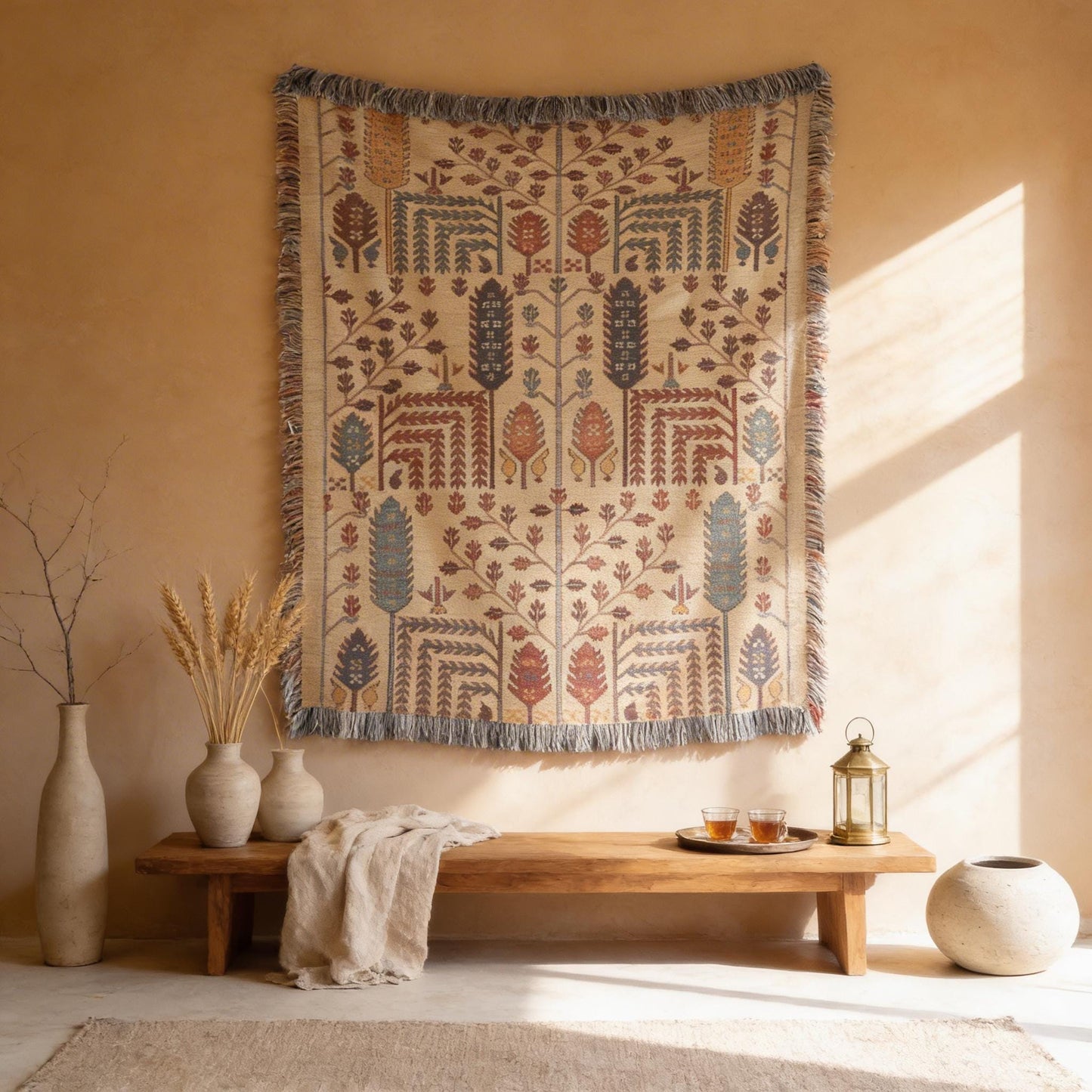 Caucasian Rug Inspired woven wall tapestry with geometric pattern styled as textile wall decor