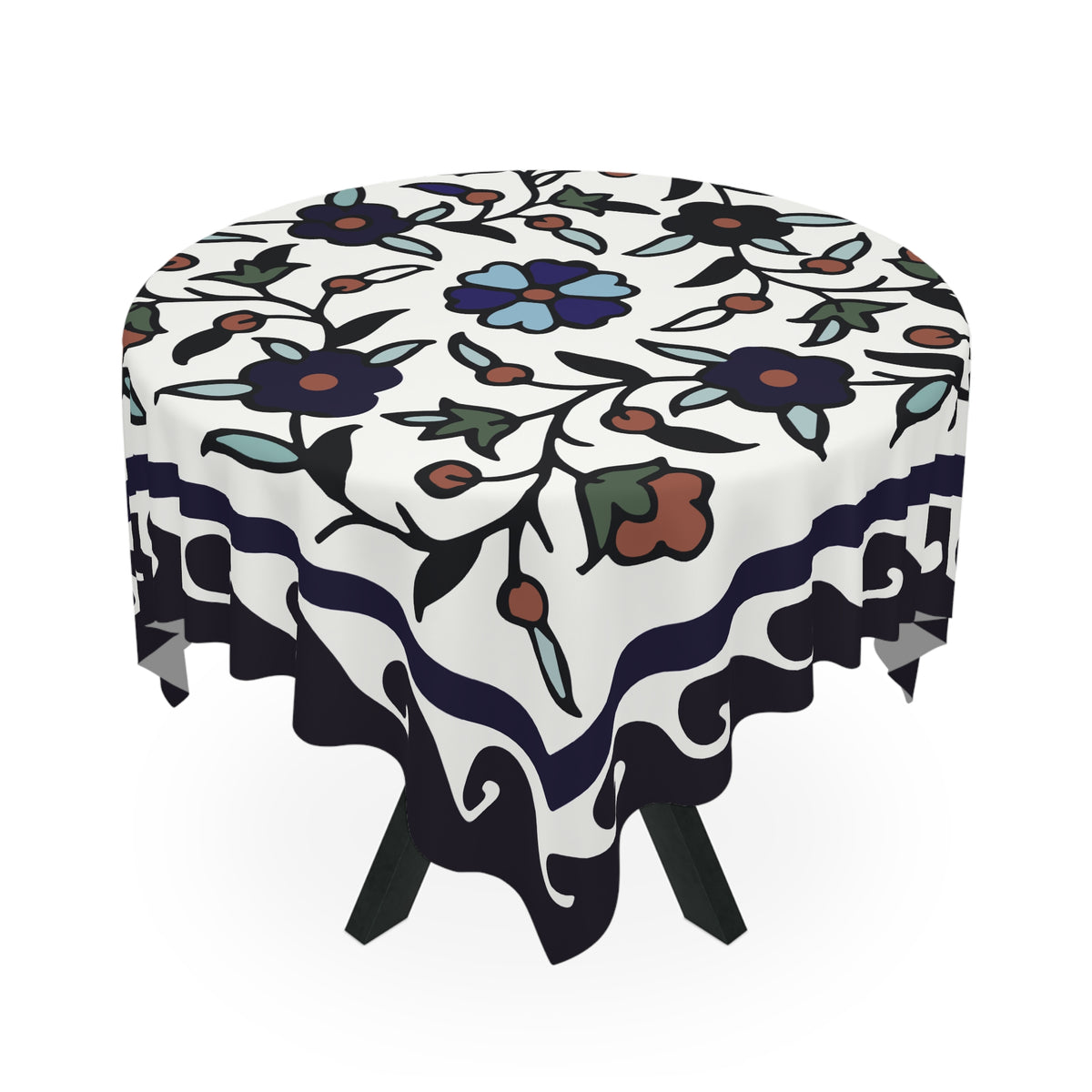 Navy Armenian tablecloth with rust and sage flowers and a wavy border