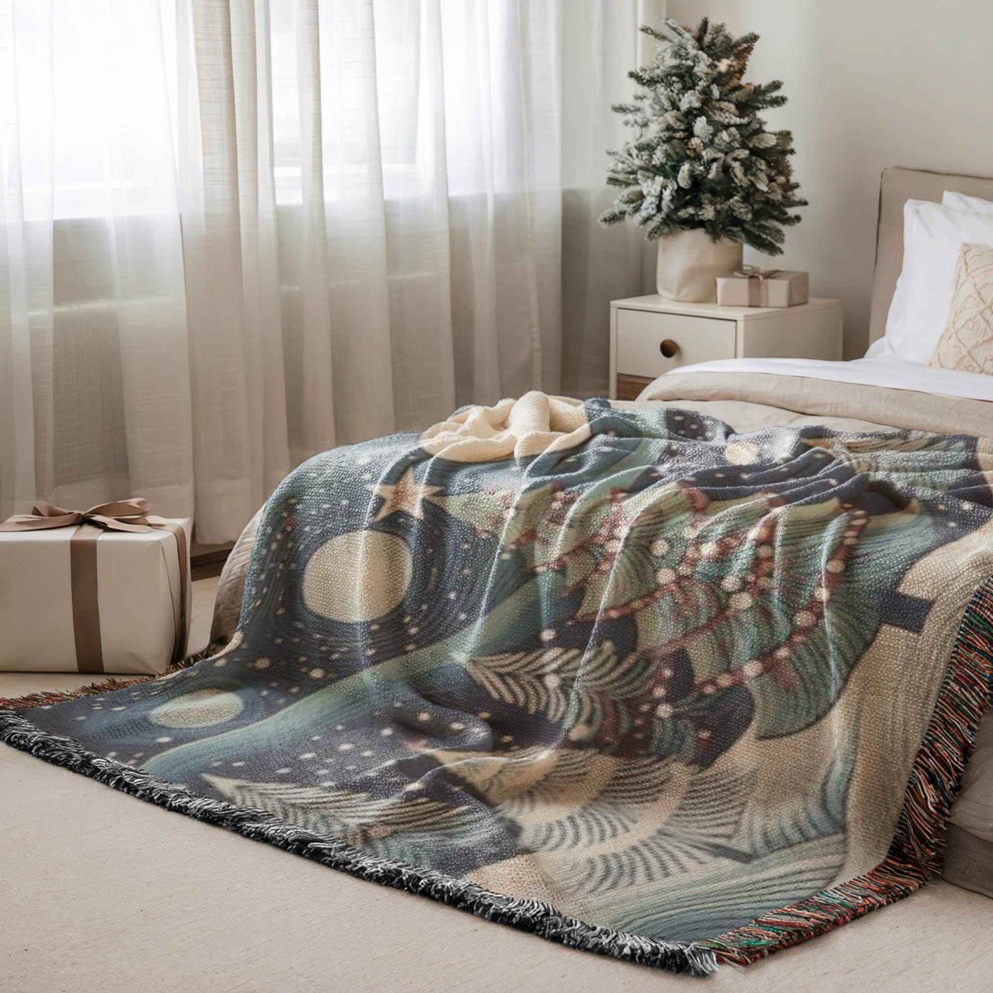 Forest Themed Woven Blanket – Cozy Winter Cotton Throw With Christmas Trees - timelessbohochic.com