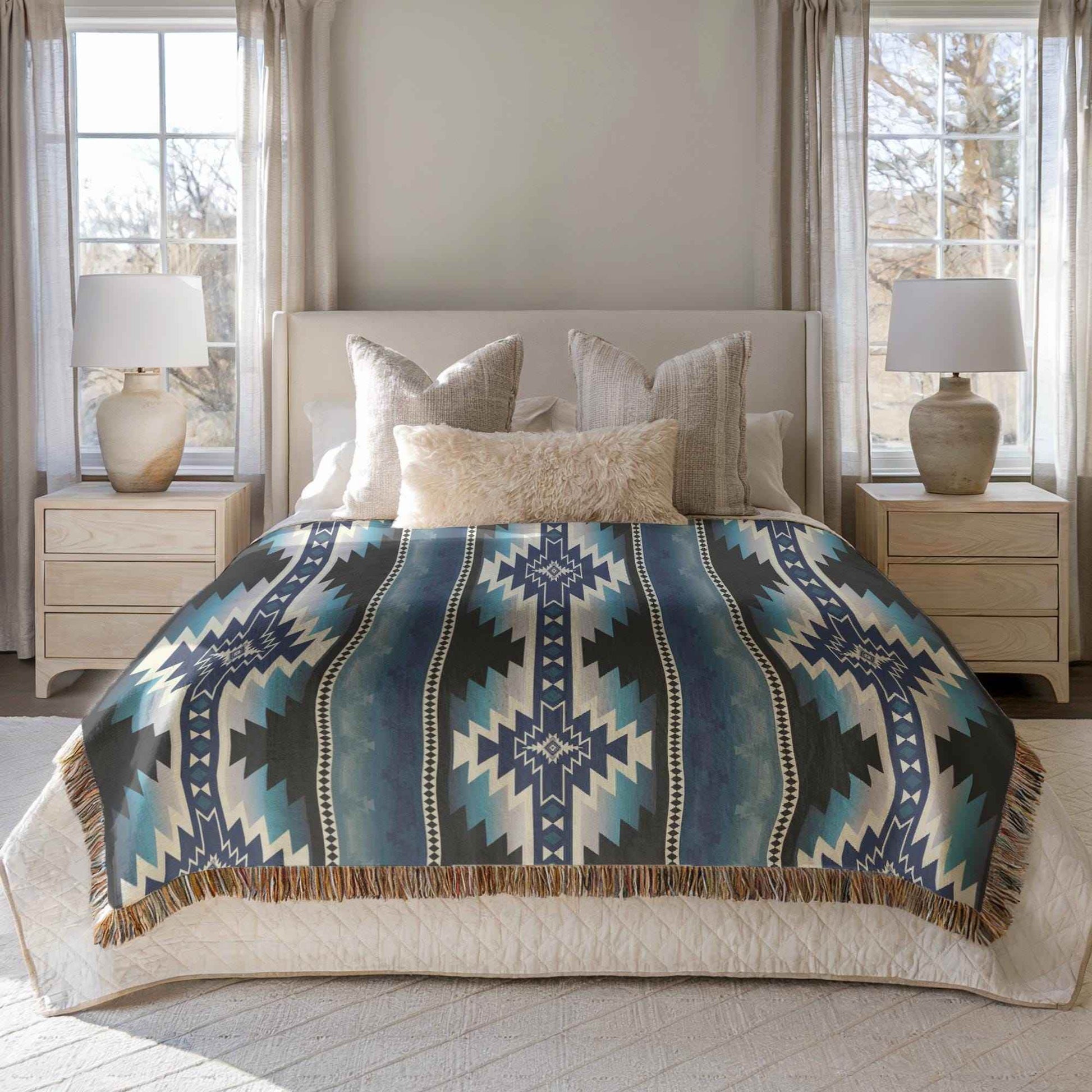 Southwestern Navajo Blanket - Woven Cotton Throw with Rustic Geometric Design - timelessbohochic.com
