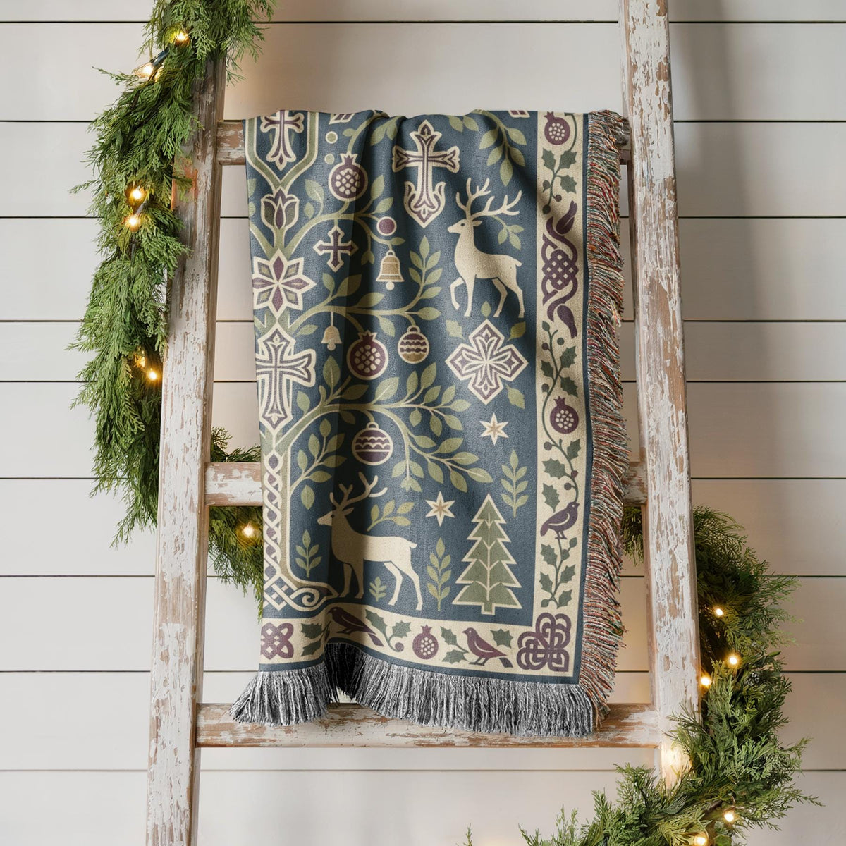 Armenian deer and pomegranate Christmas woven cotton throw shown in a styled room setting