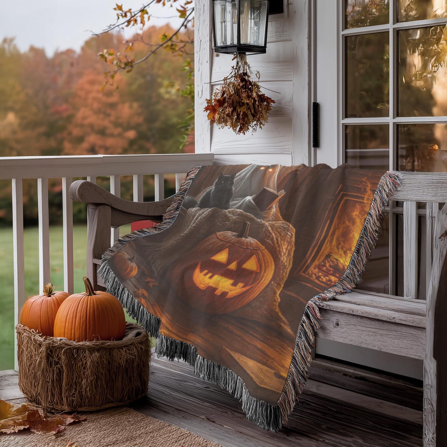 Halloween Throw Blanket - Ghost Cotton Woven Throw with Black Cat Pumpkin Design