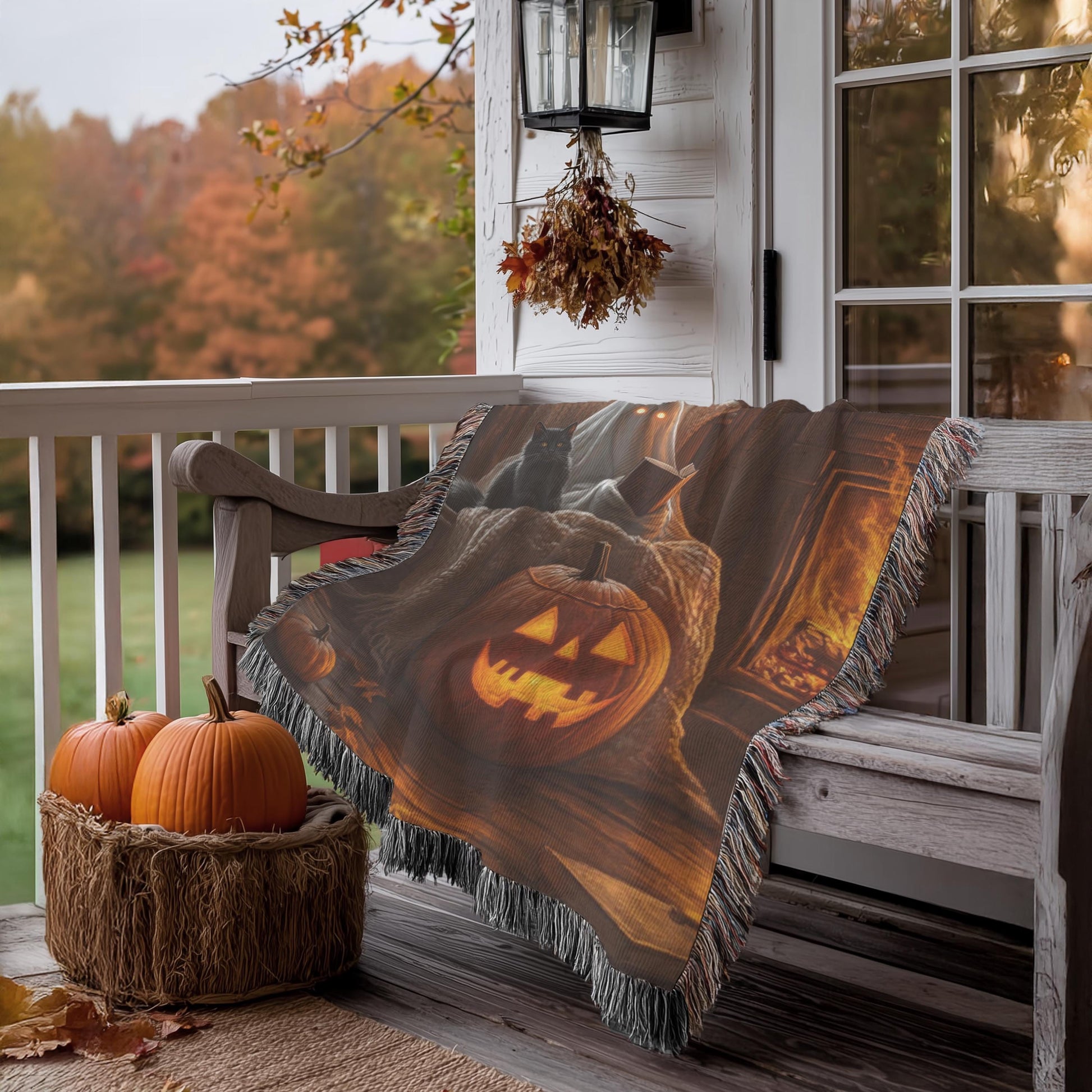 Halloween Throw Blanket - Ghost Cotton Woven Throw with Black Cat Pumpkin Design
