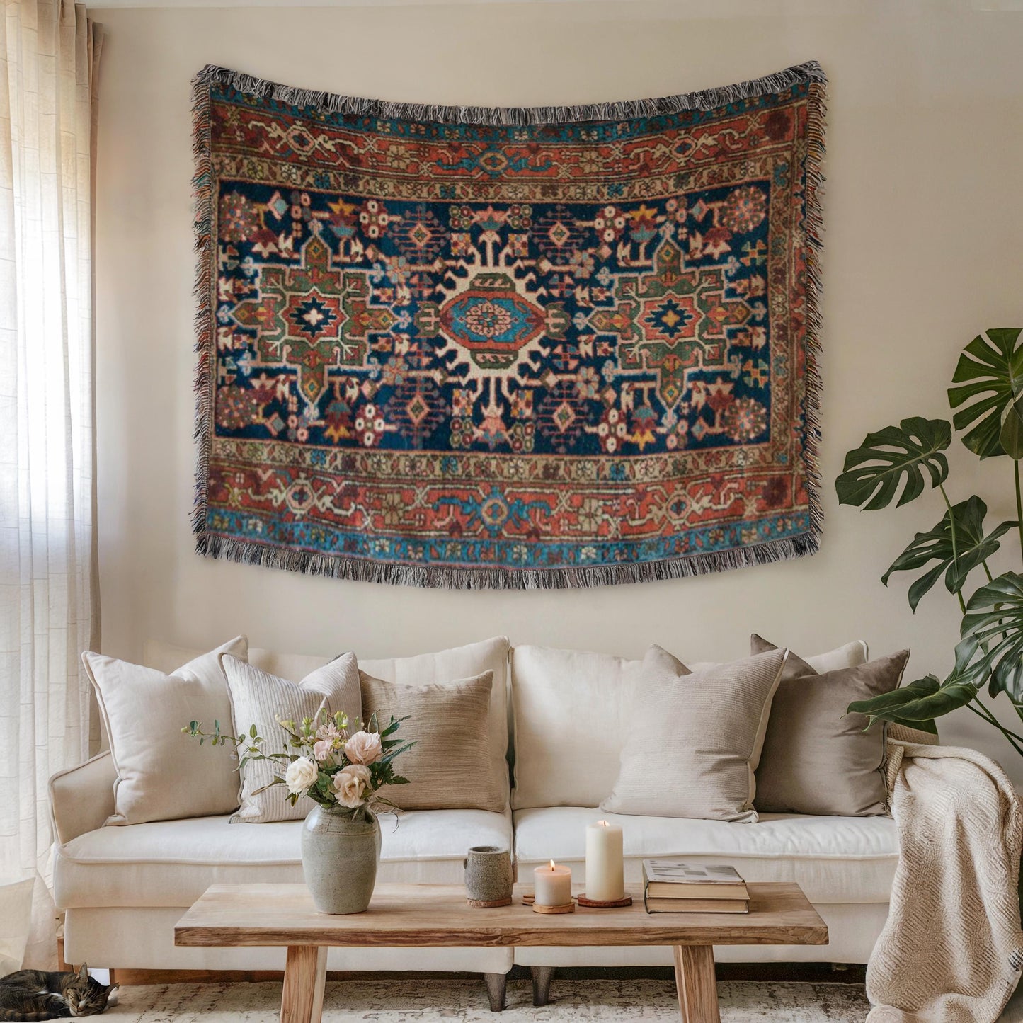 Anatolian Inspired woven wall tapestry with rug-style pattern styled as textile wall decor