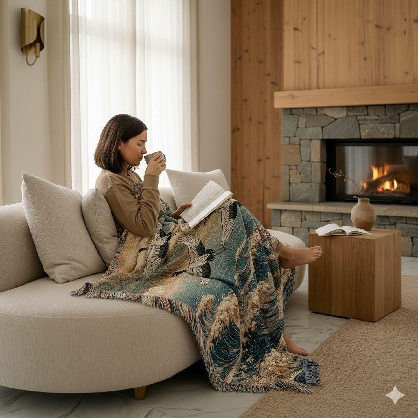 Modern Geometric woven blanket with geometric pattern styled for layered home decor