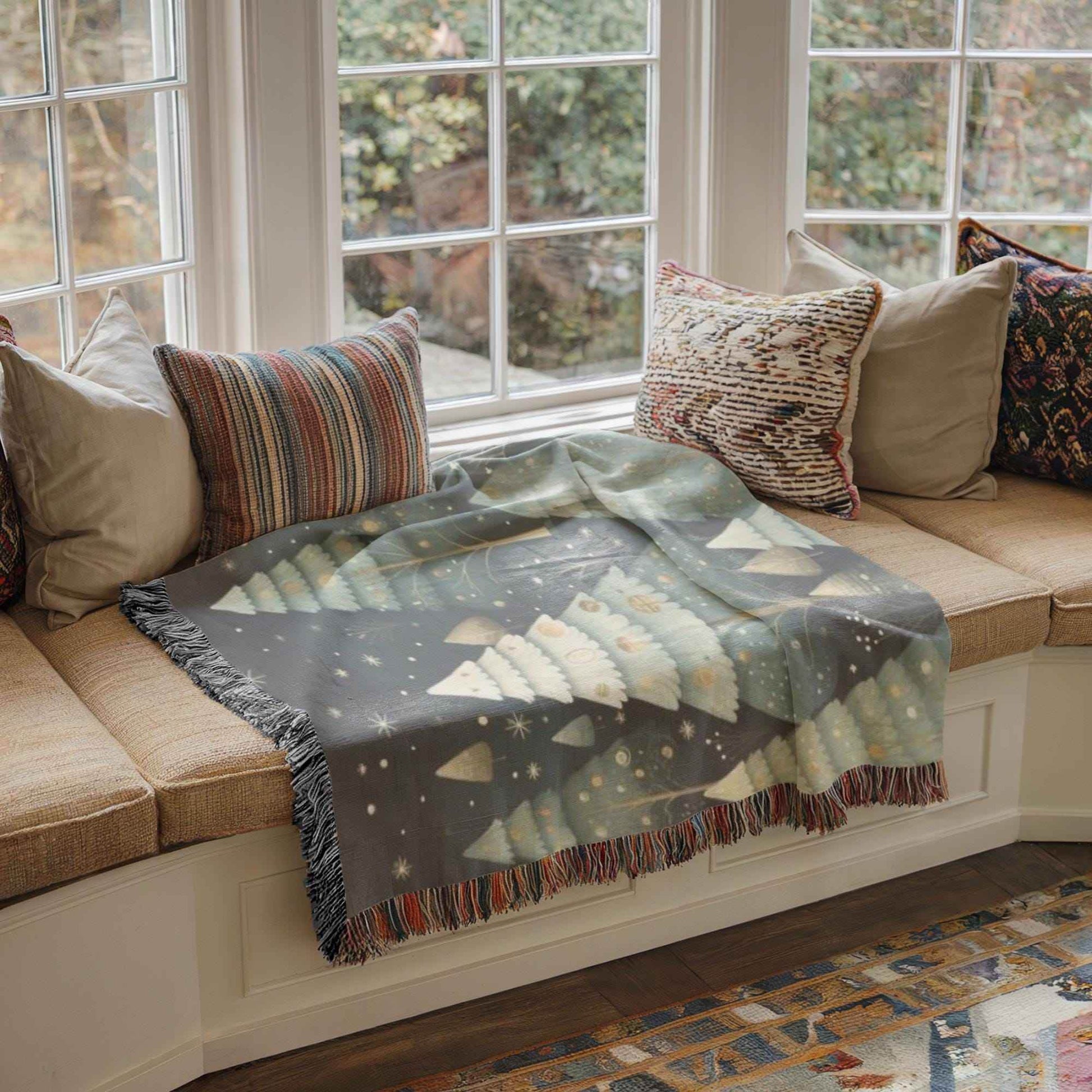 Woven Christmas Blanket - Cotton Holiday Throw With Festive Forest Design & Fringed Edges - timelessbohochic.com