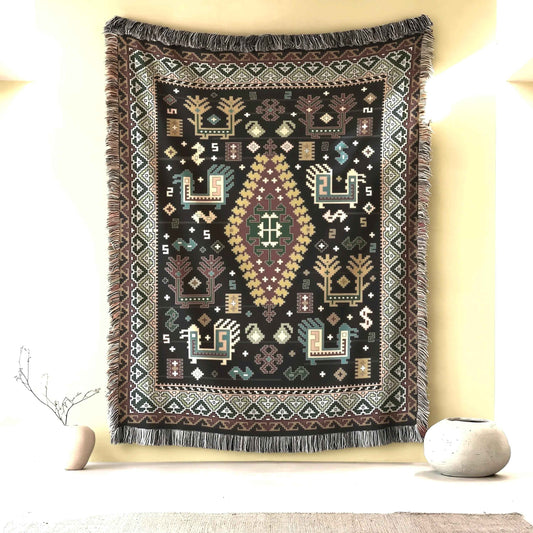 Caucasian Rug Inspired woven wall tapestry with geometric pattern styled as textile wall decor