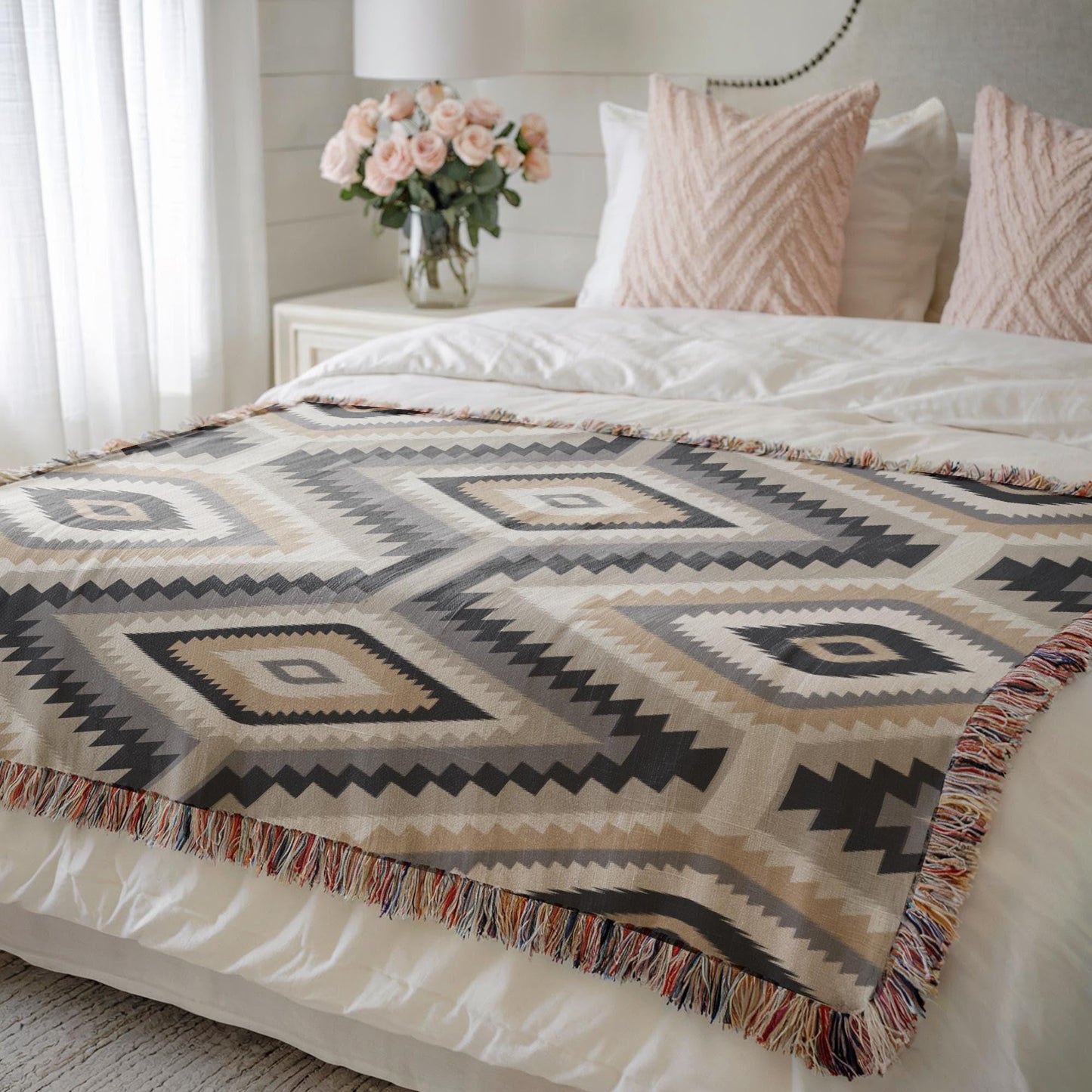 Southwestern woven blanket with geometric pattern styled for layered home decor