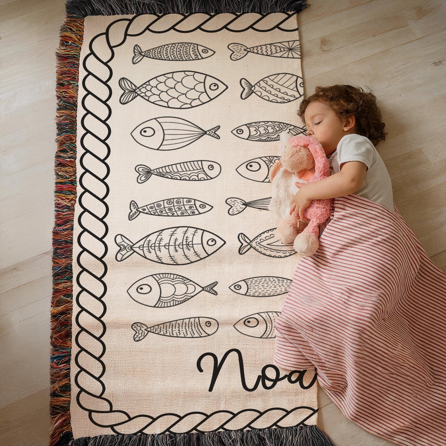 Personalized Baby Fish Blanket – Custom Name Cotton Nursery Decor, Ocean Theme
