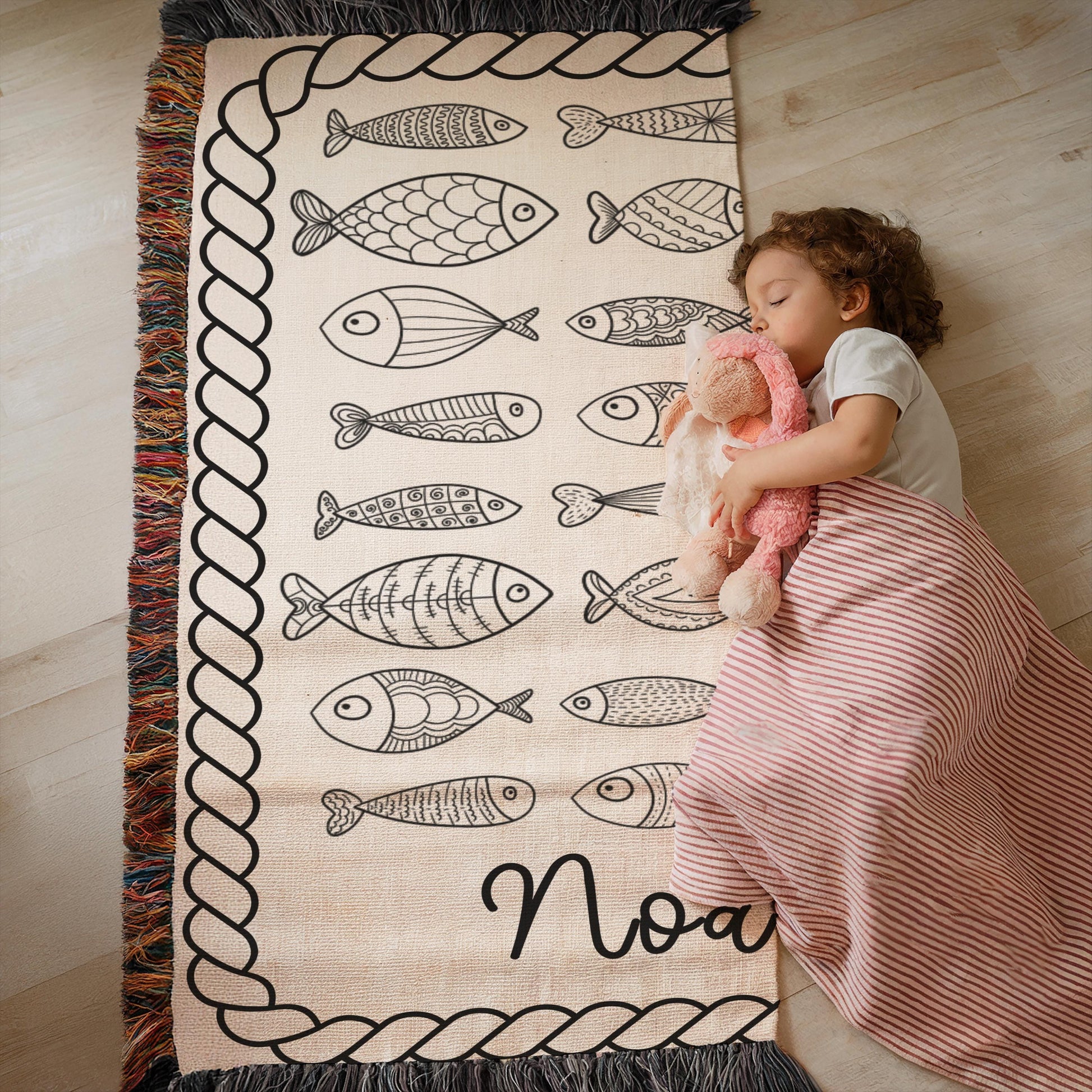 Personalized Baby Fish Blanket – Custom Name Cotton Nursery Decor, Ocean Theme
