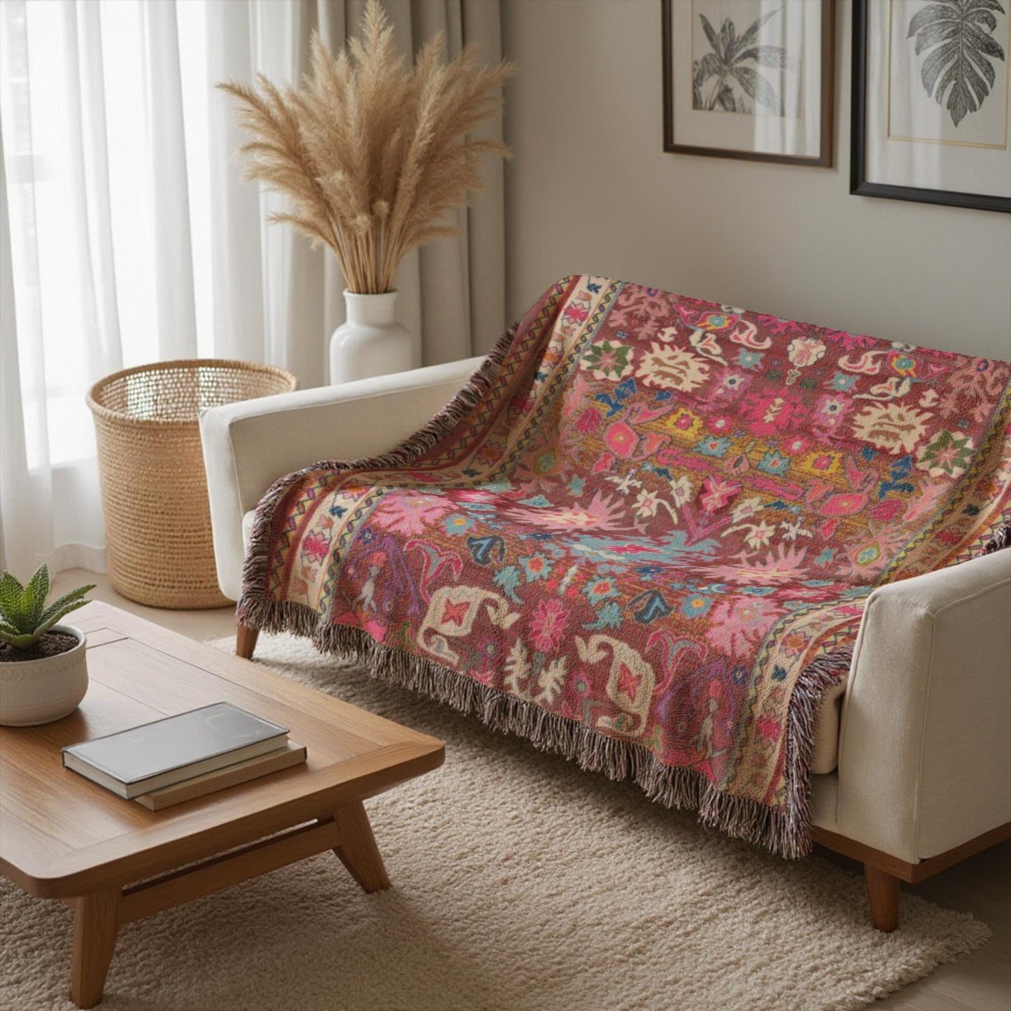 Boho woven blanket with rug-style pattern styled for layered home decor