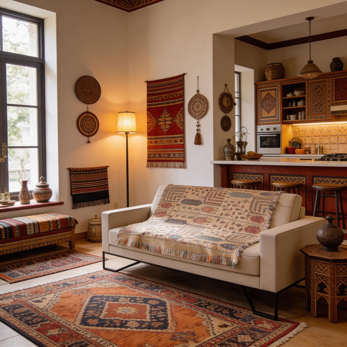 Caucasian Rug Inspired woven blanket with geometric pattern styled for layered home decor
