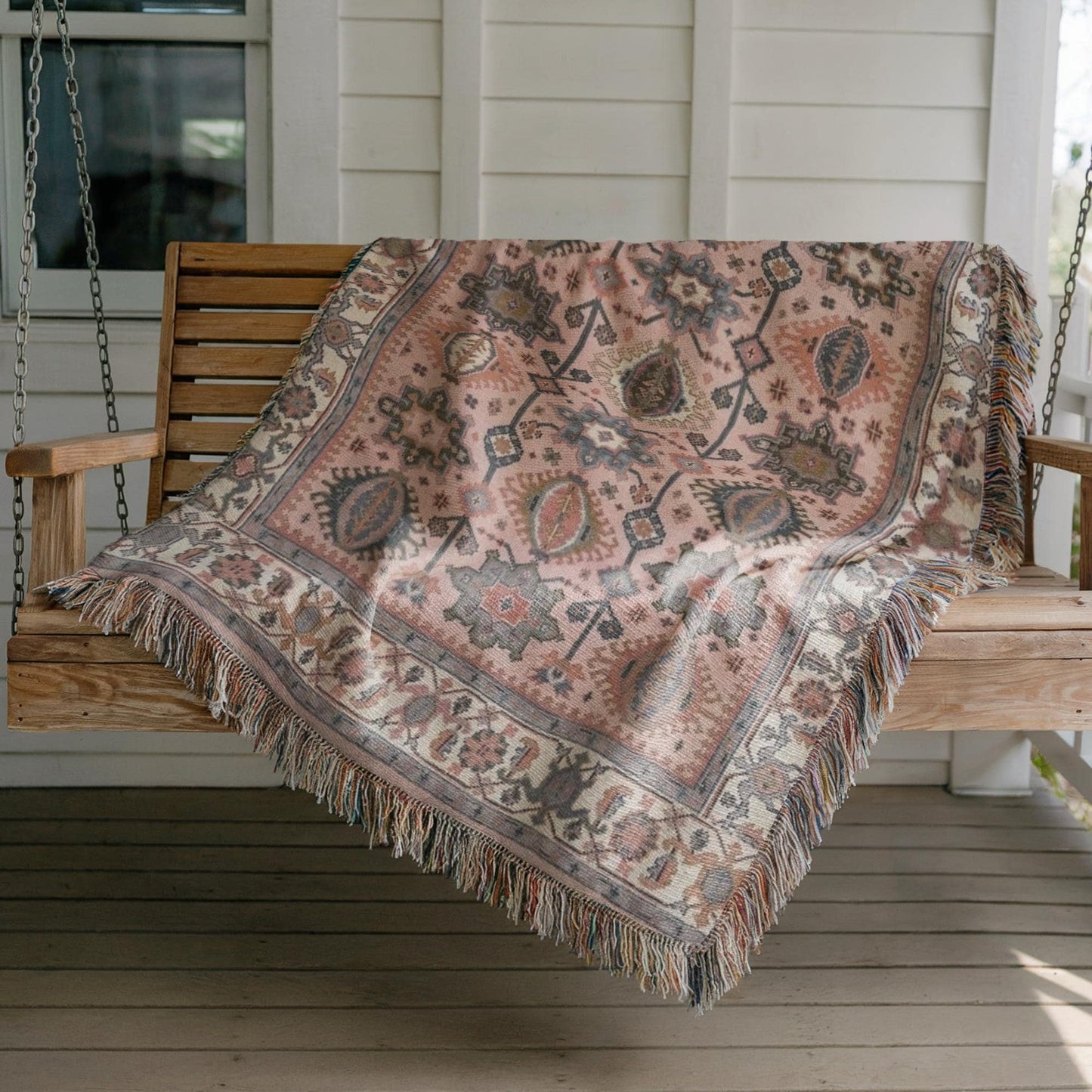 Caucasian Rug Inspired woven wall tapestry with geometric pattern styled as textile wall decor