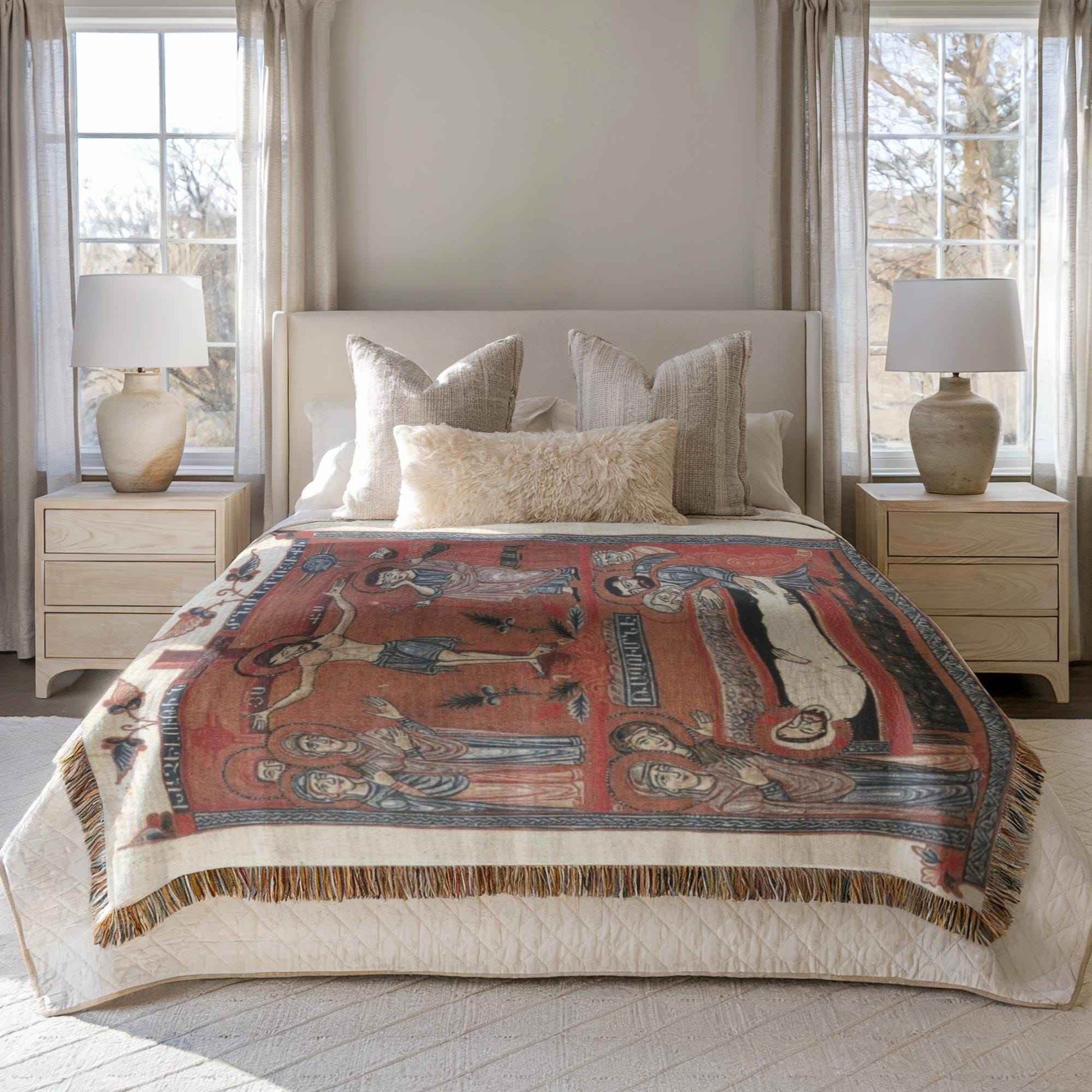 Armenian Tapestry Throw – Large Cotton Blanket With Crucifixion Scene Design - timelessbohochic.com