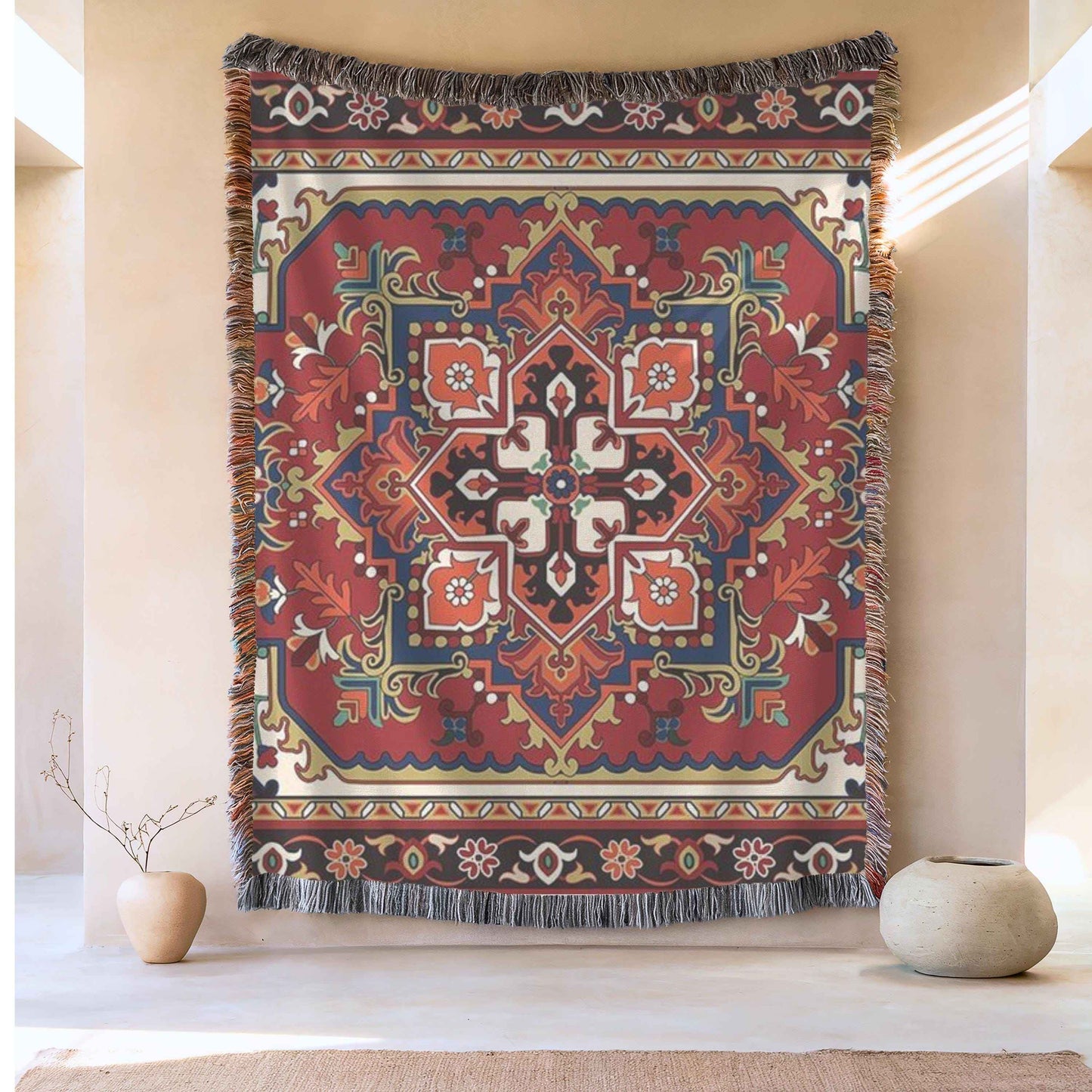 Anatolian Inspired woven wall tapestry with rug-style pattern styled as textile wall decor