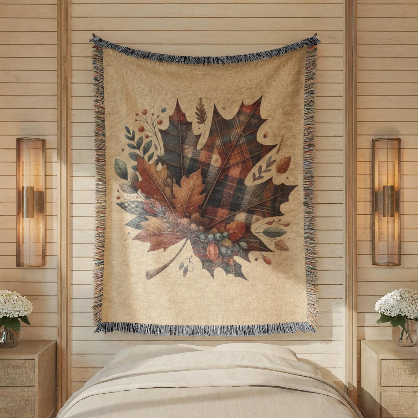 Plaid Fall Blanket – Cozy Cotton Throw with Tartan Leaf Pattern & Fringed Edges