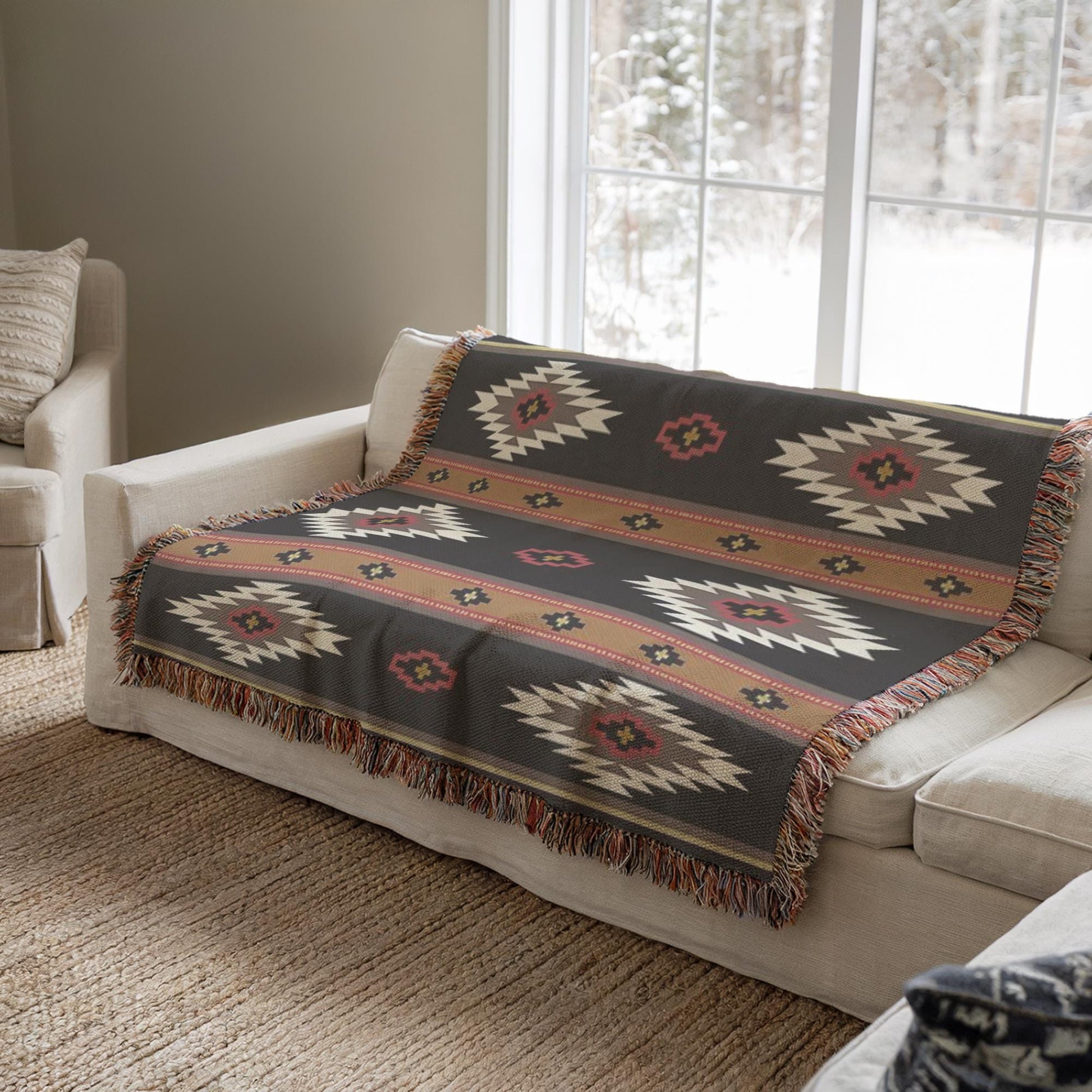 a cozy living room with a large, colorful, patterned blanket draped over a white couch. The blanket has a geometric design in shades of brown, black, and red, and it is placed on the couch, covering the entire seat. The room has a window that provides natural light, and there is a beige armchair in the background.
